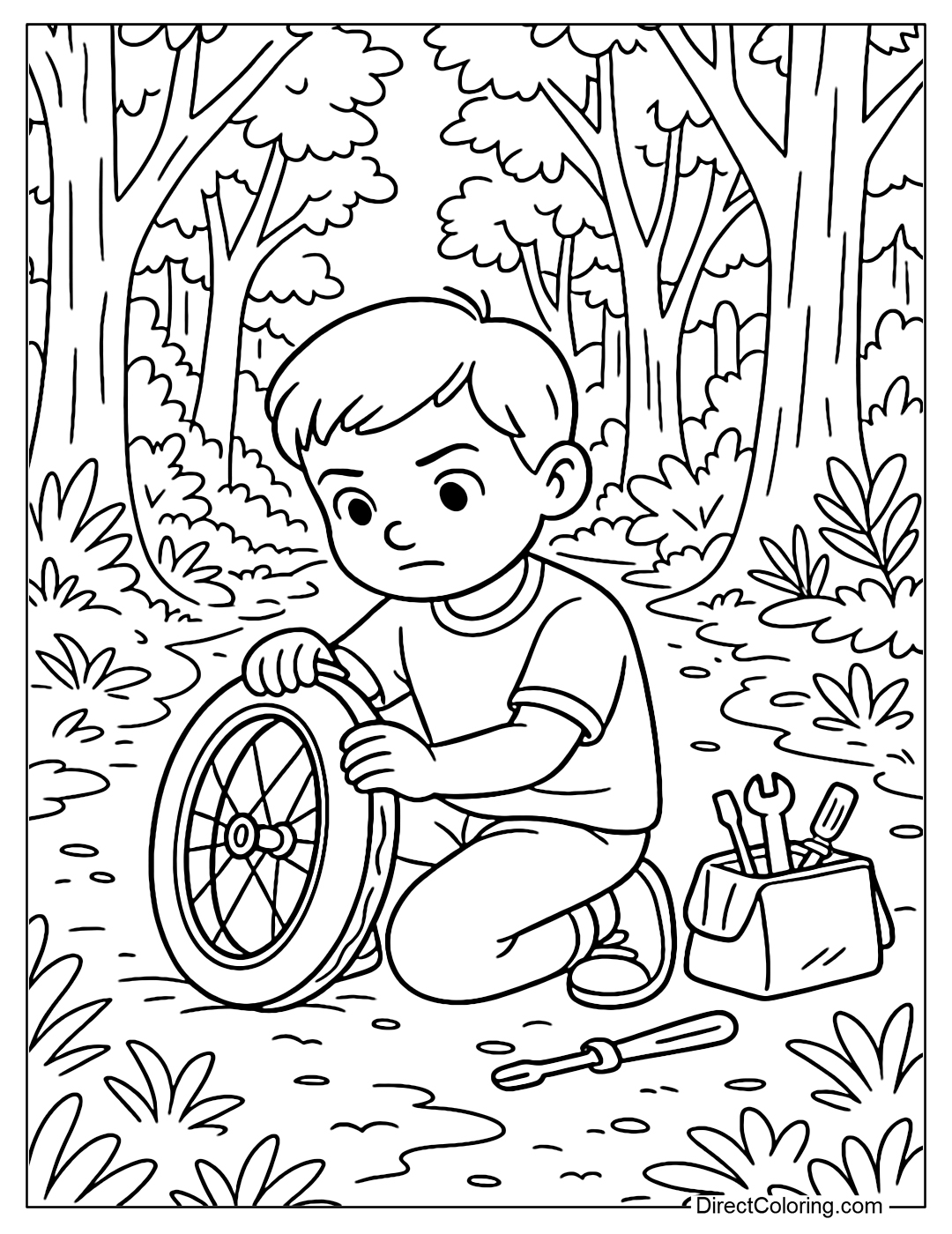 Coloring page of a boy sitting and fixing a tire in the middle of a forest trail, with a small bag next to him